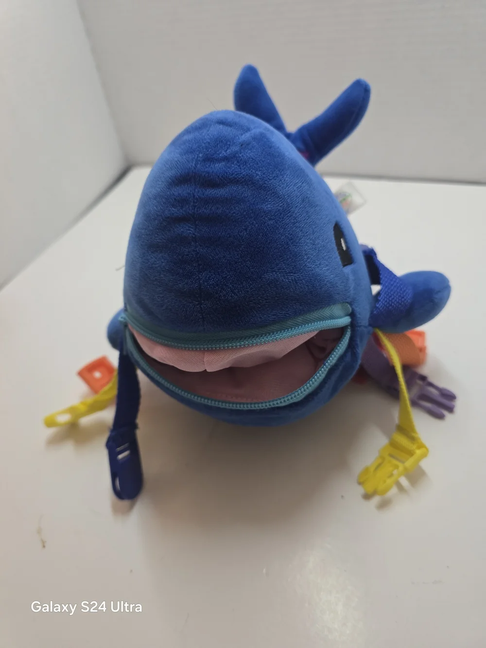 Plush Blue Whale Sensory Soft Toy with Colorful Tabs